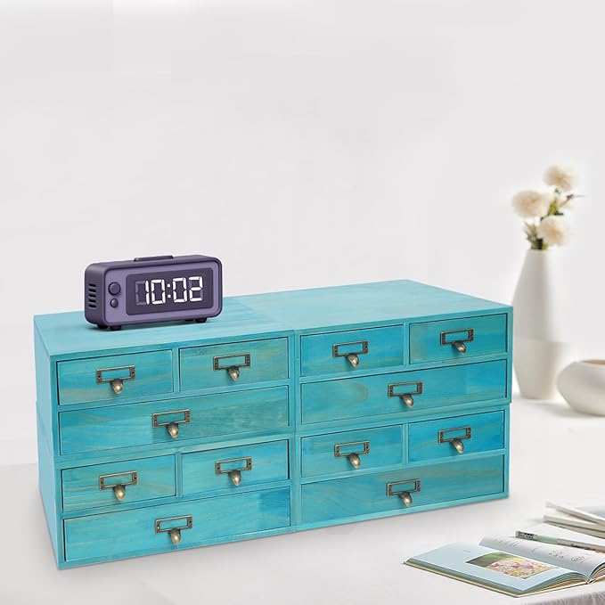 4 Packs Vintage Desktop Apothecary Cabinet with 3 Drawers,Wood Desktop Organizers Stackable Drawers Desktop Chest Drawer for Herb Storage,Tea Collection,Stationery (Blue)