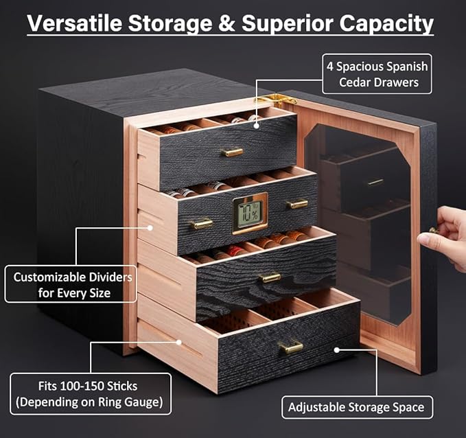 Epress Premium Cigar Humidor Cabinet - 4 Spanish Cedar Drawers with Electronic Hygrometer & Rectangular Humidifier - Airtight Magnetic Seal Glass Door - Luxury Desktop Storage for 100-150 Cigars