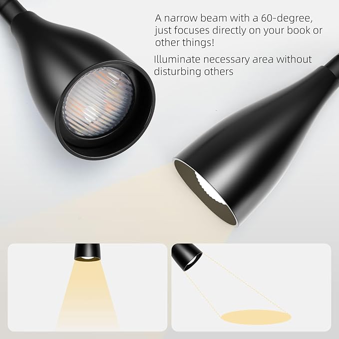 LED Wall Mounted Reading Light, 5 Color Modes 10 Brightness Dimmer, USB Charging Port, Memory & Timer, Adhesive Book Light for Reading in Bed, Eye-Caring Wall Lamps for Bedside Reading Bedroom Black