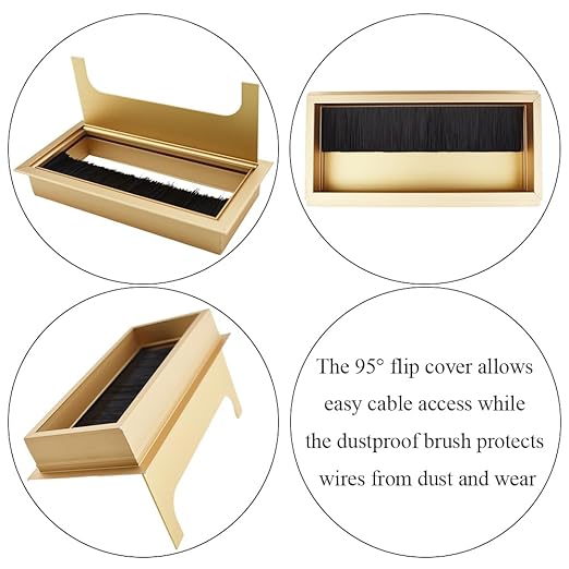 HAHIYO Gold Aluminum Alloy Desk Grommet,80x160mm Premium Cable Organizer with Flip Cover and Dustproof Brush–Durable Wire Management Solution for Home,Office,and Workstations–Easy to Install 1P