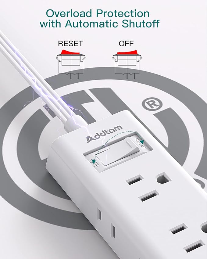 Cruise Essentials - Flat Plug Power Strip, Addtam 5 ft Ultra Flat Extension Cord with 6 Outlets Extender, No Surge Protector for Cruise Ship, Travel, Dorm, Home Office, ETL Listed