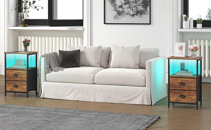 sthmec Nightstand with Charging Station, Night Stand with 2 Fabric Drawers, Bedside Table End Table with LED Light, 3-Tier Storage Side Table Nightstand with Drawers for Bedroom,Rustic Brown