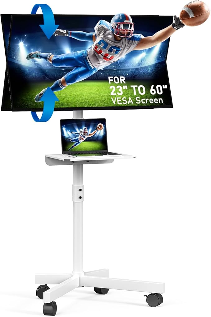 Mobile TV Stand for 23-60 Inch LCD LED OLED Flat Panel Curved Screen TVs up to 88 lbs, Tilt and Height Adjustable, Locking Rolling Wheels TV Cart with Shelf, Max VESA 400x400mm, White