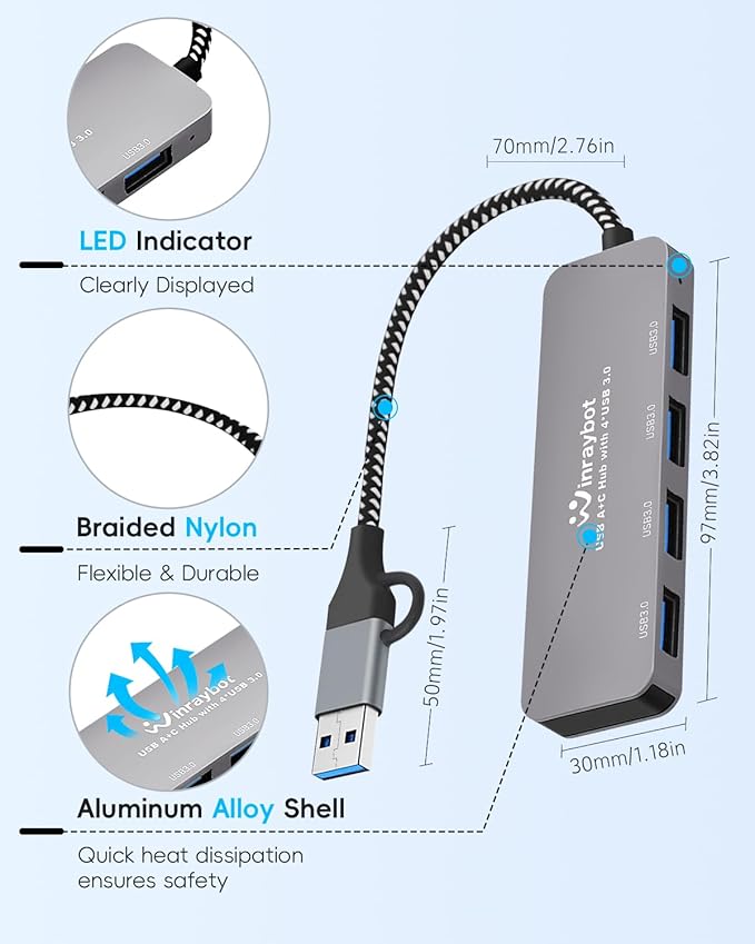 2 in 1 USB A & USB C Hub, 4 Port USB 3.0 Hub with 5Gbps High Speed Data Transfer, USB Expander Adapter for Laptop, Mac, PC, iMac, Surface, Flash Drive, HDD