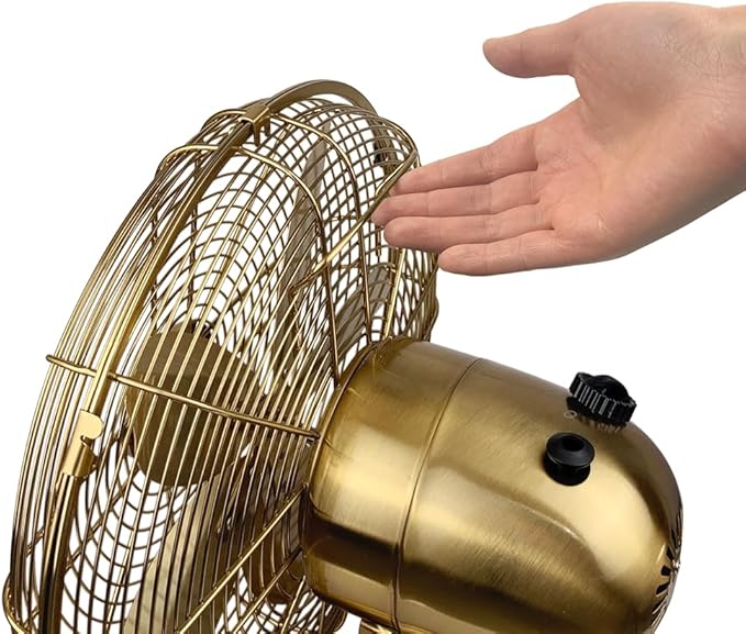 Good Housekeeping 92613 All-Metal 12" Retro Desk Office Table Fan with Wide Oscillation, 3-Speed Settings & Carrying Handle, Satin Brass