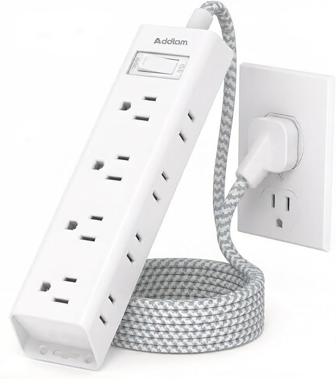 Addtam White Braided Power Strip Surge Protector with 12 Outlets, Flat Plug 5FT Extension Cord, 3-Side Wide Spaced Outlet Extender, Wall Mount Desk Charging Station for Home Office Dorm