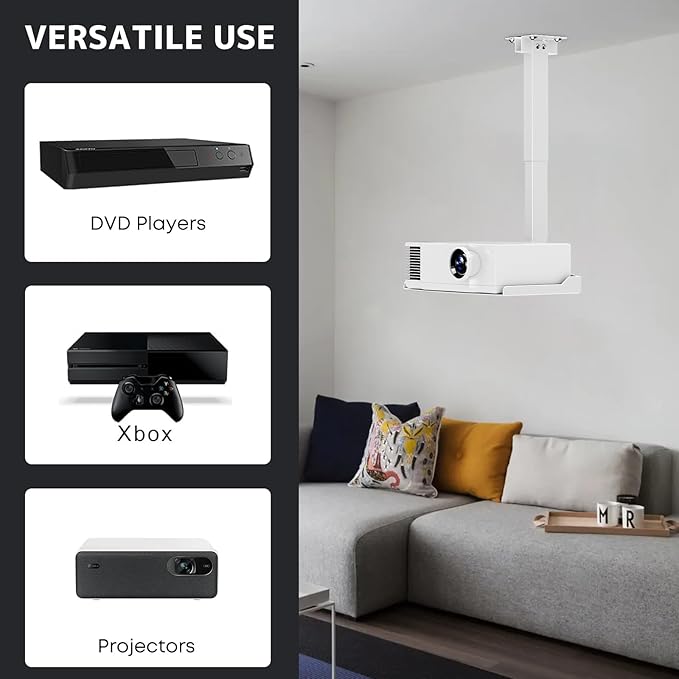 PUTORSEN Adjustable Projector Ceiling Mount,Universal Projector Shelf for Ceiling and Wall, Holds up to 22lbs，No Hole Installation, Hidden Cable Routing, White