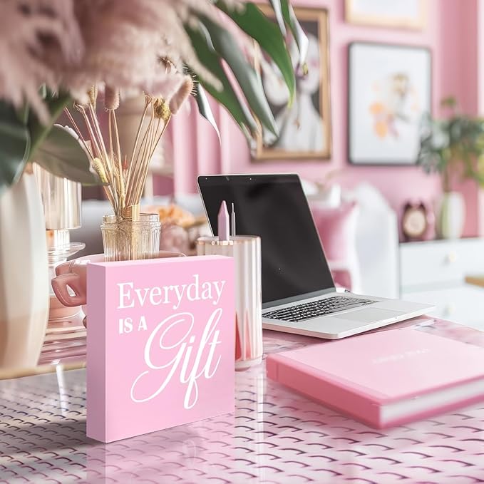 LVQHI Pink Office Desk Accessories, Everyday Is A Gift Sign Wood Box, Inspirational Desk Decor For Hr Women, Small Encouraging Office Cubicle Table Decoration Signs Wall Decor 5"x5"x1.2" In