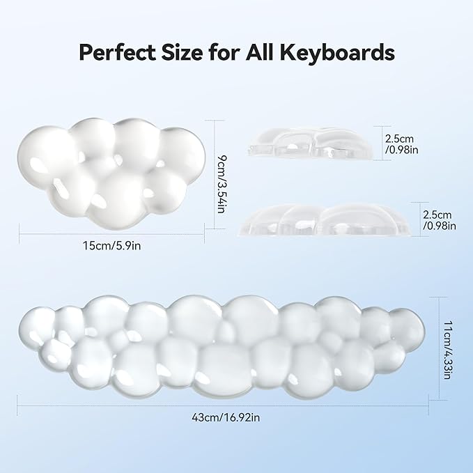 TECKNET Cloud Keyboard Wrist Rest Set, Cloud Wrist Rest with Non-Slip Base, PU Leather Wrist Pad for Keyboard with Ergonomic Memory Foam for Computer Laptop (Cloud Shape, Transparent)