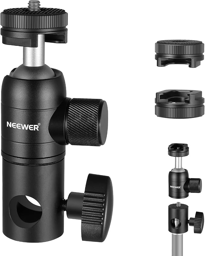 NEEWER Light Stand Mount Adapter with Cold Shoe and 1/4” Screw Mini Ball Head, Reversible Mounting Plate for Camera Monitor Ring Light, Fits Flat Head/Boom arm/C Stand, Max. Load 22lb/10kg