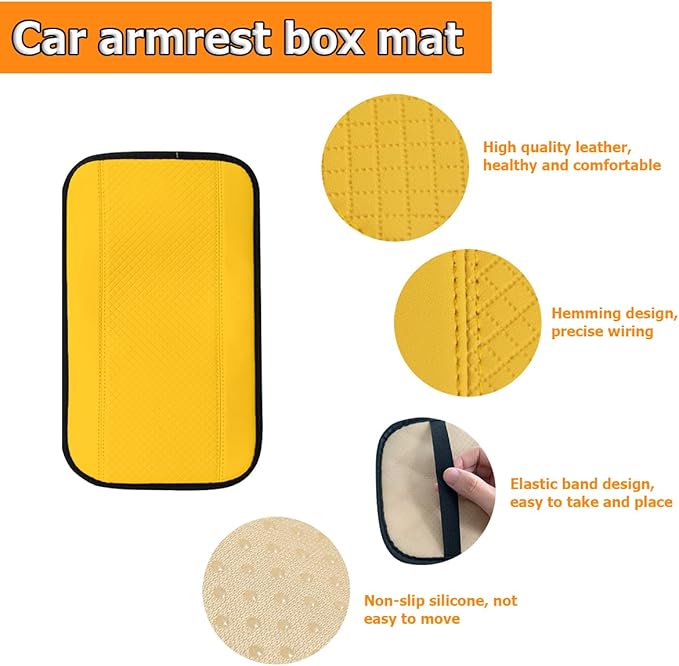 8sanlione Car Armrest Storage Box Mat, Fiber Leather Car Center Console Cover, Car Armrest Seat Box Cover Accessories Interior Protection for Most Vehicle, SUV, Truck, Car (Yellow)