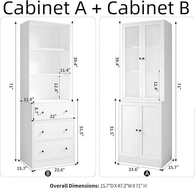 TUSY 71" H Bookshelf with Storage, 6-Tier Modern Bookshelves with 3 Large Drawer, Display Bookcase with Glass Doors, Modern 5-Tier Curio Cabinet for Home Office, Dining Room (White, AB)