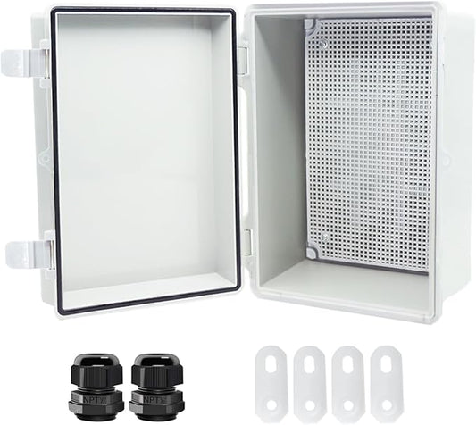 Junction Box, Hinged Cover IP67 Waterproof ABS Project Box with 2 NPT 1/2" Cable Gland, Electrical Box Enclosure with Mounting Plate & Wall Bracket 11.4 x 7.5 x 5.5inch(290x190x140mm)