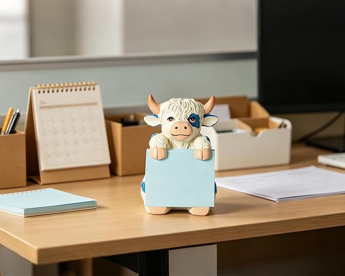 Highland Cow Pop-up Sticky Note Dispenser, Includes 1 Pad of 3x3 in Super Sticky Notes, 100 Sheets, Resin Cute Handmade Desk Holder for Office & Home-Blue