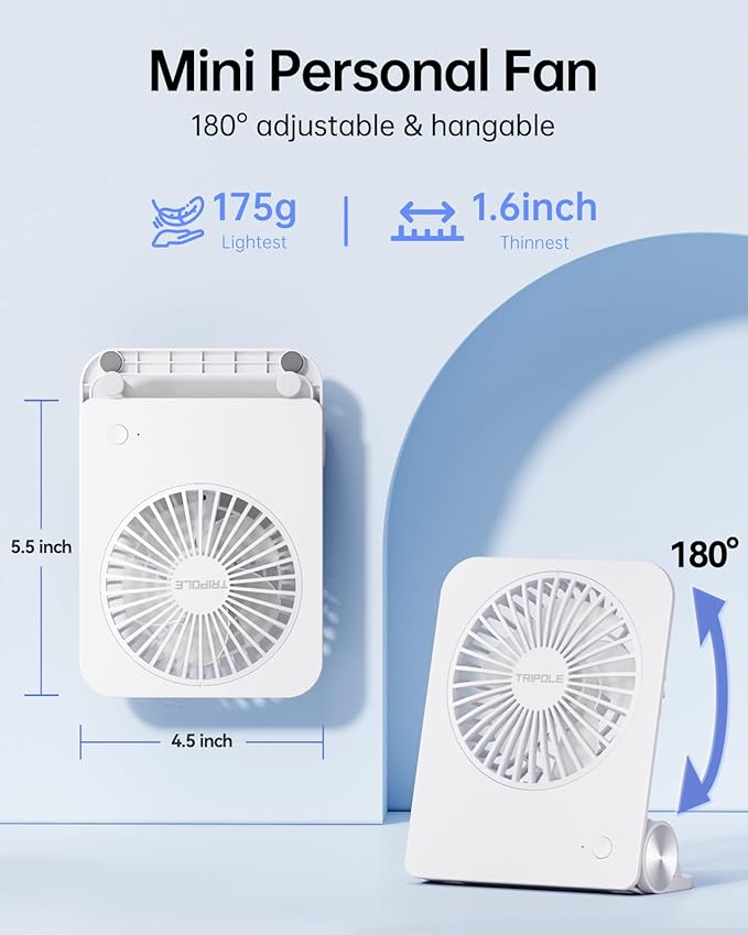 TriPole Desk Fan Small Portable Fan 2000 mAh Rechargeable Battery Ultra Quiet 4.5 Inch Mini Travel Fan with 180° Tilt Folding and 3 Speeds Adjustable for Home Office Desktop White