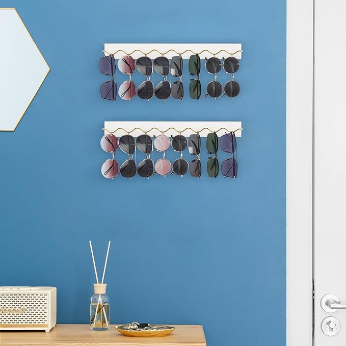 Mkono 2 Pack Wall Mounted Sunglasses Organizer Wood Sunglass Holder for Wall Modern Eyeglass Storage Hanging Eyewear Display Jewelry Rack for Entryway Living Room Bedroom, White