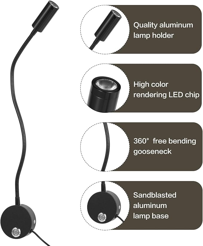 Reading Light for Bed, Wall Mounted Reading Lights with 15" Flexible Gooseneck, Touch Control, 3 Colors Temperature and Stepless Dimmable, Plug in Headboard Bedside Light(1 Pack)