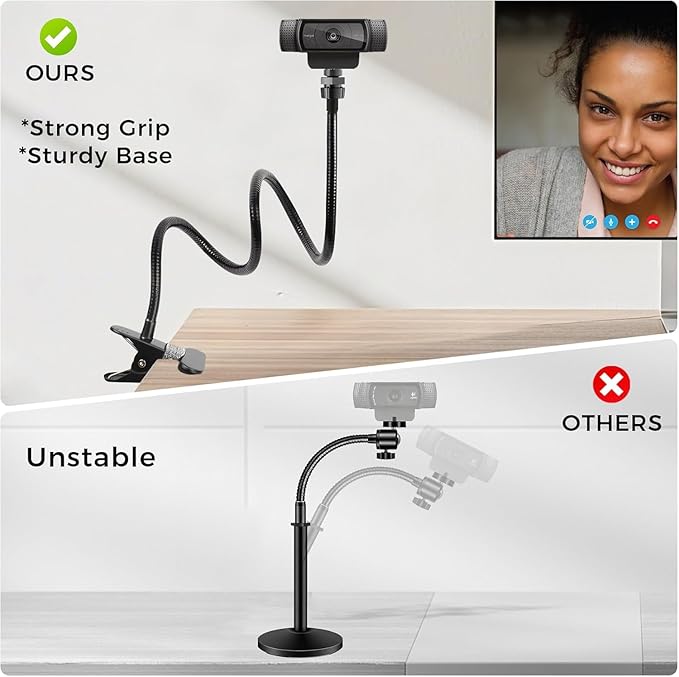 LenTok Webcam Stand Phone Mount for Desk, Gooseneck Desktop Tripod & Tabletop Phone Holder with Clamp & 1/4" Thread, Compatible with Action Camera GoPro C922 C930e C920S C920 615 C960 C920x Brio