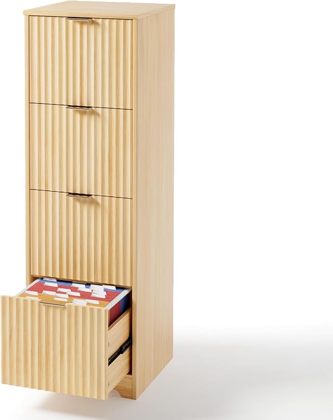 VINGLI Tall 4 Drawer File Cabinet, Home Office Filing Organizer, for Letter Size File Folder Storage, Modern Style Fluted Design, Wood Vertical Filing Cabinet, Printer Stand, Archivador (Oak)