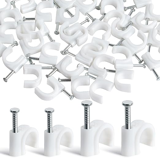 Cable Wire Clips - 100 Pcs White Cable Clips 8mm 10mm Wire Staples Wall Cables Management with Steel Nails Cord Holder for Wires, Ethernet, Cord Organization