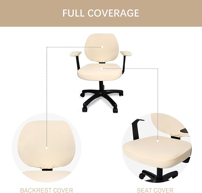 WOMACO Office Computer Chair Cover with Armrest Covers, Stretch Universal Rotating Rolling Desk Chair Slipcover, 4 PCS Stretchable Office Chair Seat Protector (Beige, with Armrest Covers)