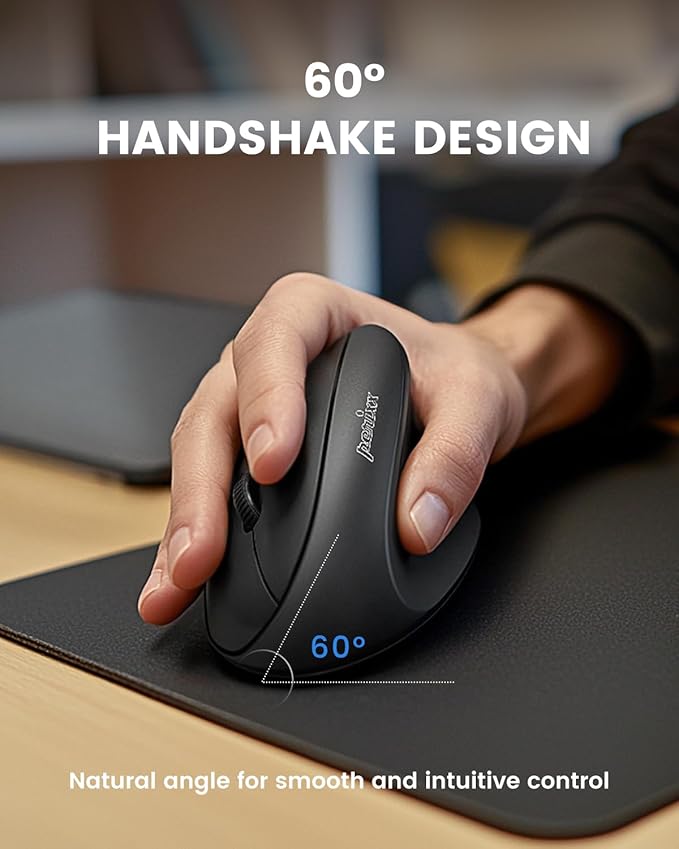 Perixx PERIMICE-608II Wireless Vertical Mouse, 2.4GHz, 6 Buttons, Adjustable DPI 800/1200/1600/2400, Right-Handed Design, USB Receiver, Black
