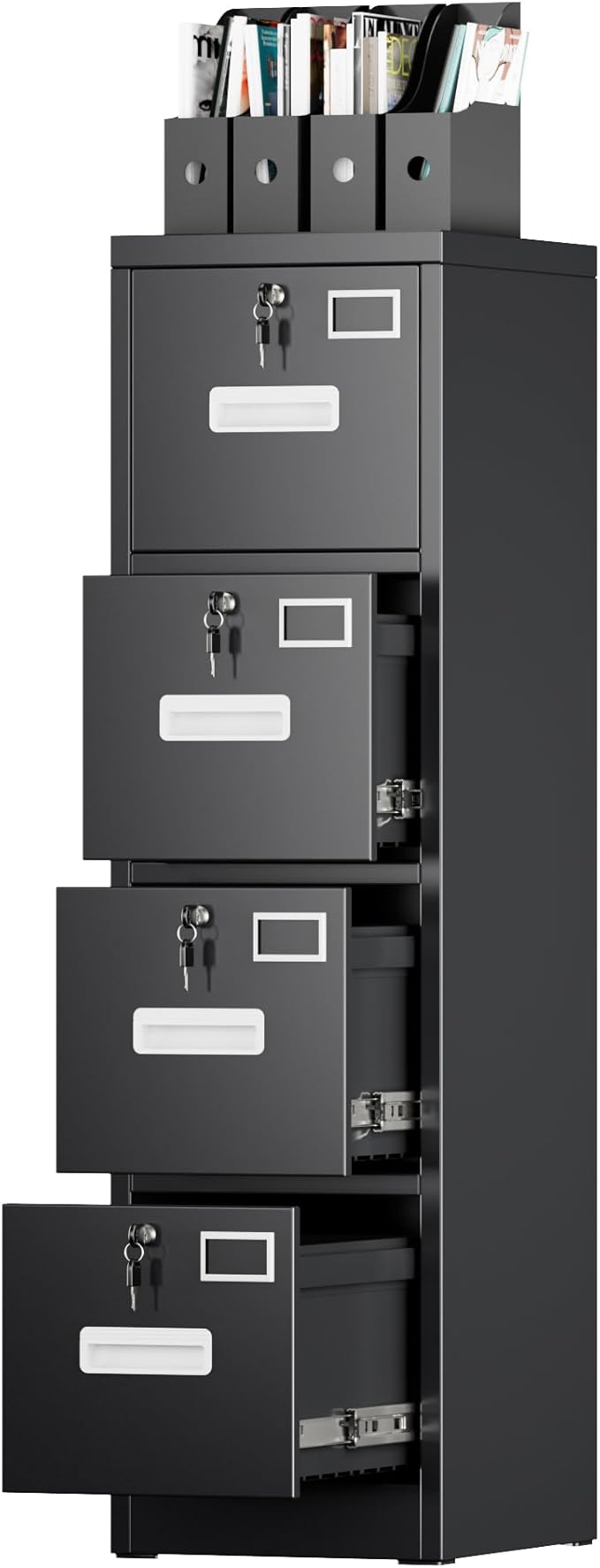 SUXXAN 4 Drawer File Cabinet with Lock and Name Card Slots, Heavy Duty Metal Vertical Filing Cabinet for Home Office for Letter/Legal/A4 Size, 17.72" D x 14.96" W x 55.2" H, Black