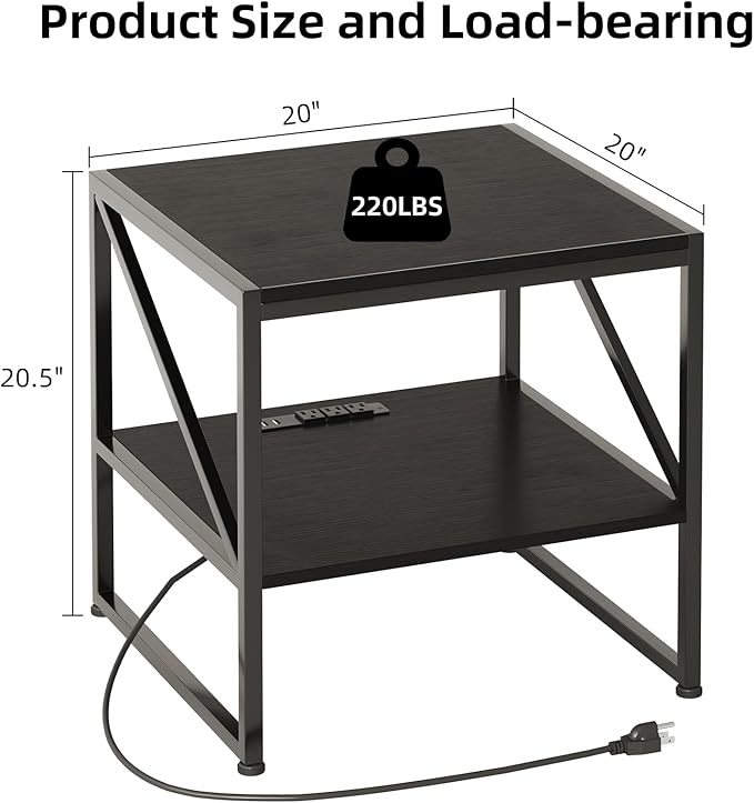 End Table with Charging Station, 20 Inch Square Printer Stand with USB Ports & Power Outlets, Mini Fridge Stand with 2-Tier Storage Shelf Adjustable, Industrial Wood Nightstand for Small Spaces, Black