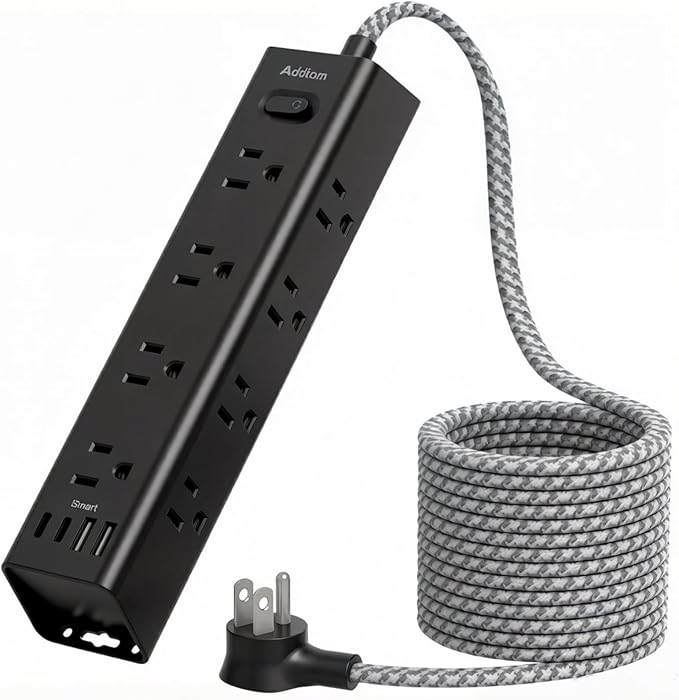 Addtam 10FT Power Strip Surge Protector, 12 Wide Spaced Outlets 4 USB Ports, Flat Plug Extension Cord, Wall Mount Outlet Extender, 1050J Protection for Desk Office Gaming, ETL Listed, Black
