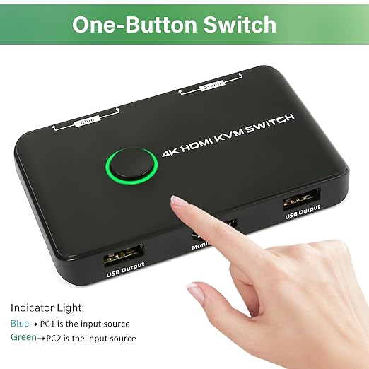 4K KVM Switch HDMI 2 Port Box - KVM Switch for 1 Monitor and 2 Computers 4K@60Hz for Sharing Monitor, Keyboard, Mouse, Hard Drives, and Printer – Includes 2 HDMI & USB Cables, and One-Button Swapping