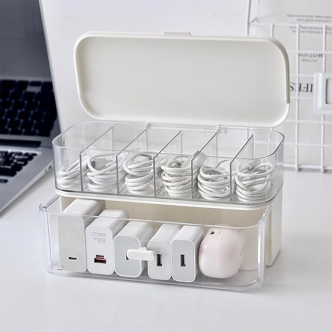 Cord Organizer Box with Lid, Stackable Cable & Charger Organizer, Clear Cable Management Box with 6 Compartment for Office, Desk, Drawer