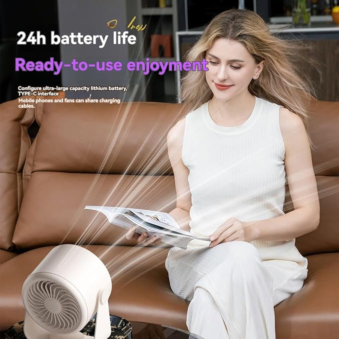 Desk Fan, USB Rechargeable Quiet Desktop Fan with 5400mAh Battery & LED Display, Adjustable Speed Control, 90° Tilt Head Hangable Table Fan for Office, Bedroom, Dorm, Kitchen (Pink)