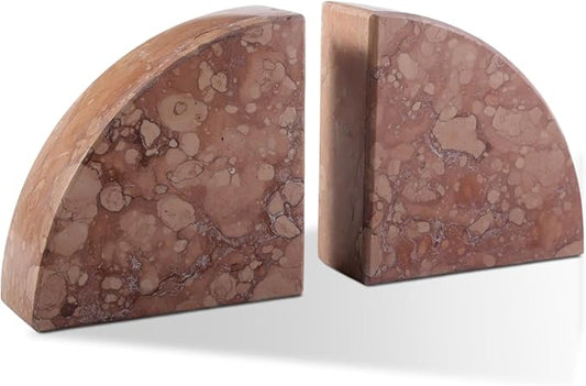Karibiber Marble Bookend for Shelves, Non-Skid Bookends for Heavy Books, Heavy Duty Book Stopper for CDs, Luxury Book Shelf Holder, Quarter Circle Design Book Ends Decorative, Perlino Rosato, Set of 2