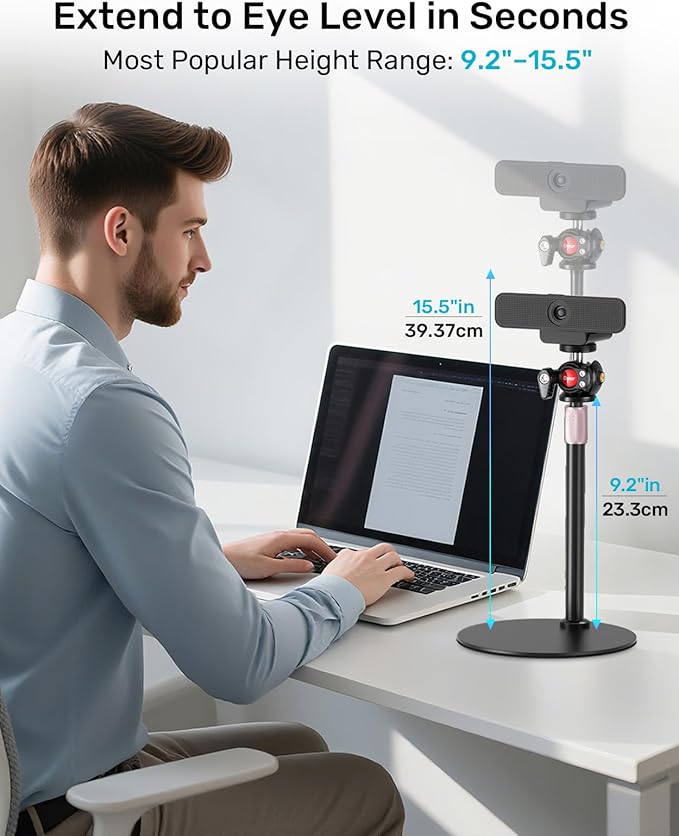 Webcam Stand for Desk, with 360 Ballhead, Heavy Base Height Adjustable Tripod for Logitech Webcam C922 C930e C920 C615 C960 C920x BRIO 4K NexiGo N60, Phone Mount, Gopro with 1/4" Thread