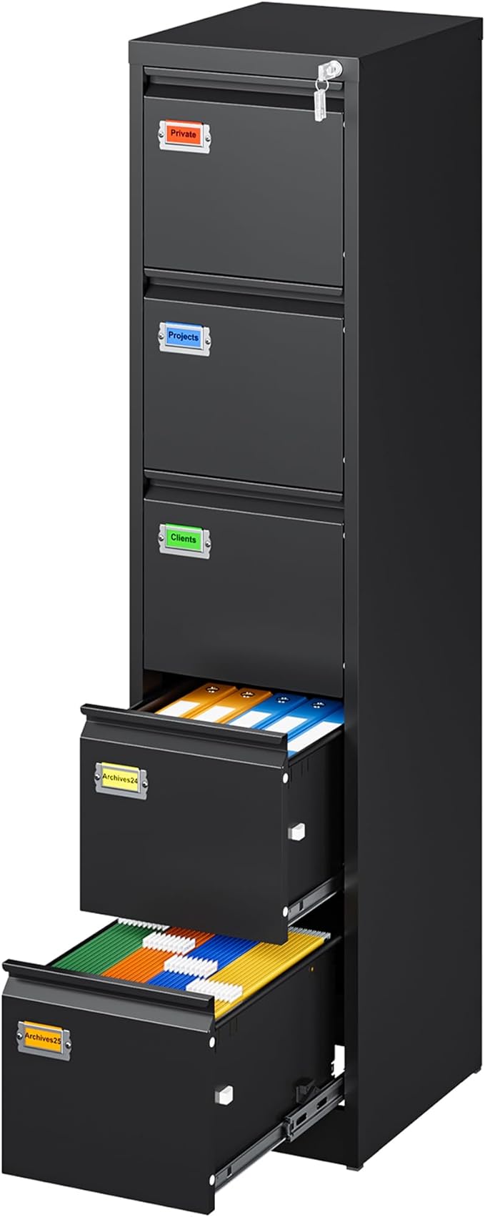PEUKC 5-Drawer File Cabinet, 16.3" Deep Vertical Metal Filing Cabinet with Lock for Home Office, Anti-Tip 5 Storage Drawers for Letter/Legal/A4/F4 Size (Assemble Required, Black)