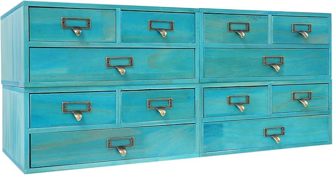 12 Drawers Apothecary Cabinet, 4-Pack Wood Tabletop Medicine Cabinet, Vintage Desktop Drawer Library Card Catalog Cabinet Wooden Chest Drawer Organizer for Tea Herbs Jewelry Stationery (Blue)