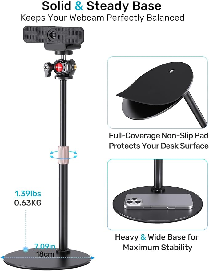 Webcam Stand for Desk, with 360 Ballhead, Heavy Base Height Adjustable Tripod for Logitech Webcam C922 C930e C920 C615 C960 C920x BRIO 4K NexiGo N60, Phone Mount, Gopro with 1/4" Thread