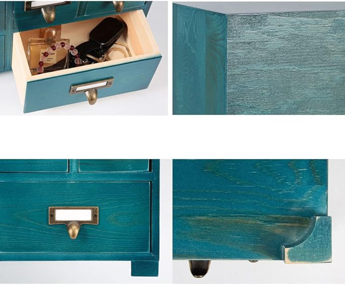 Apothecary Cabinet with 9 Drawers & Labels Rustic Library Card Catalog Cabinet Desktop Wooden Storage Box for Organize Herbal、Tea Bag、Jewelry (Blue)