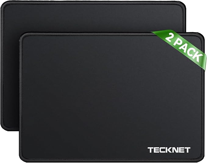 TECKNET 2 Pack Mouse Pad with Anti-fray Stitchin, Waterproof Surface & Non-Slip Rubber Base with Stitched Edges Gaming Mouse Mat for Laptop，Compatible with Laser and Optical Mice - Black