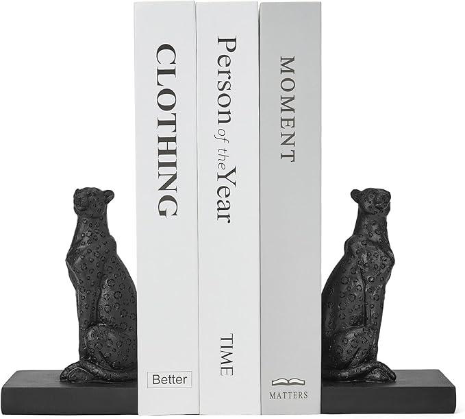 Black Cheetah Bookends, Book Ends for Shelves to Hold Books Heavy Duty, Creative Resin Book Stoppers for Home Farmhouse Shelves Office Lover Gift