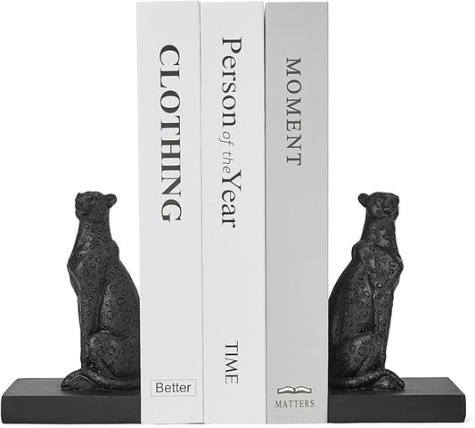Black Cheetah Bookends, Book Ends for Shelves to Hold Books Heavy Duty, Creative Resin Book Stoppers for Home Farmhouse Shelves Office Lover Gift