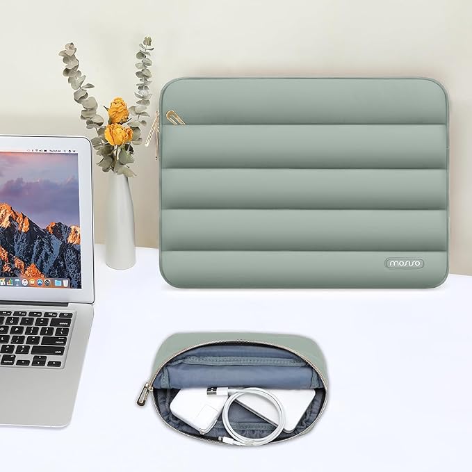 MOSISO Laptop Case 14 inch, 14 inch Puffy Laptop Sleeve Compatible with HP Lenovo Dell ASUS Acer, HP Stream, Dell Latitude, Lenovo IdeaPad, Polyester Horizontal Bag with Small Case, Antique Green