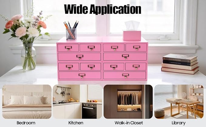 4 Packs Vintage Desktop Apothecary Cabinet with 3 Drawers, Vintage Desktop Organizer Wood Desktops Organizers Stackable Drawers Chest Drawer for Herb Storage Tea Collection Stationery (Pink)