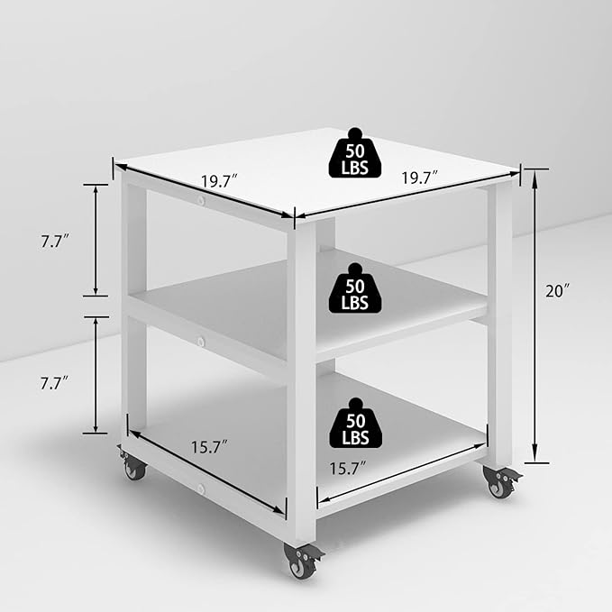 Natwind 3-Tier Laser Printer Cart,19.7''x19.7''x22.6'' Large Machine Stand,Heavy Duty Rolling Table with Storage,Floor-Standing Rack on Wheels,Paper File Organizer Shelf for Home Office (White)