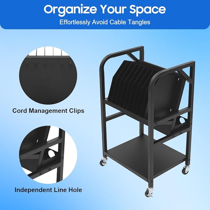 10-Device Mobile Charging Station, Open Laptop Charging Cart for Classroom - Rolling iPad Chromebook Tablet Charging Cart with Power Strip & Dividers, Portable Charging Stand for School Office
