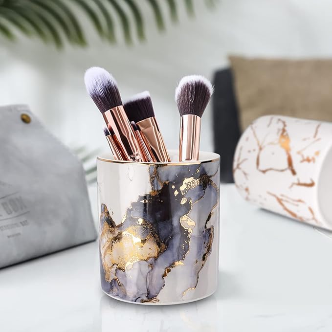 WAVEYU Marble Pencil Holder, Durable Ceramic Desk Organizer Office Supplies,Desktop Stationary Organizer,Multi-Functional Pencil Storage for Desktop Accessories,Office,Classroom,Home,Gray Gold