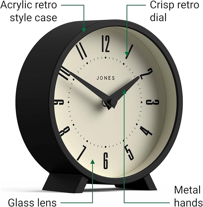 JONES CLOCKS® Venus Desk Clock | Modern Round Design | Black | Stylish Retro Look for Shelf, Table, Mantel or Bedside