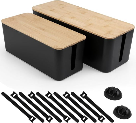2 Pack Cable Management Box - Cord Organizer Box with Wooden Lid for TV Wires, Power Strips, Router, USB Hub & Under Desk Power: Baby & Pet Proof Cord Management, Cord Hider for Home & Office(Black)