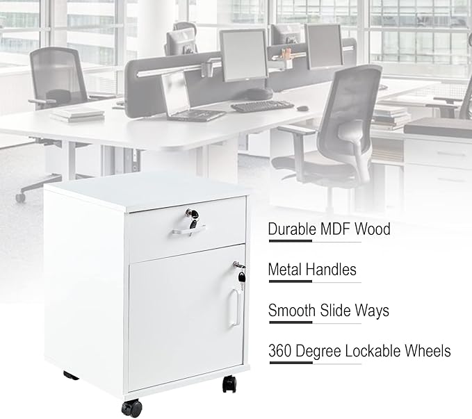 OFCASA 2 Drawer File Cabinet with Lock, Small Rolling Filing Cabinets for Home Office, Wood Under Desk File Cabinet with Wheels, Mobile Storage Organizer, Printer Stand for Letter/Legal, White