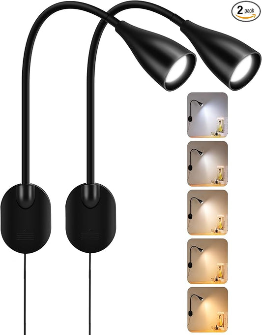 2 Pack LED Wall Mounted Bedside Reading Light, 3 Color Modes,10 Brightness Dimmable, USB Charging Port, Memory Timer Adhesive Wall Light Night Lamp for Books in Bed, Eye-Caring Bedroom Lighting Black